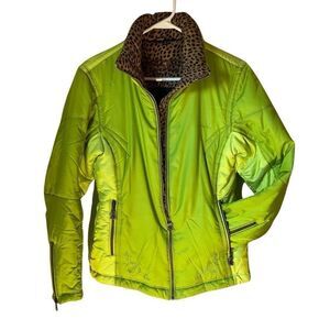 Sportalm Ski Jacket. Lime Green, Leopard Trim, Size 36/US 6